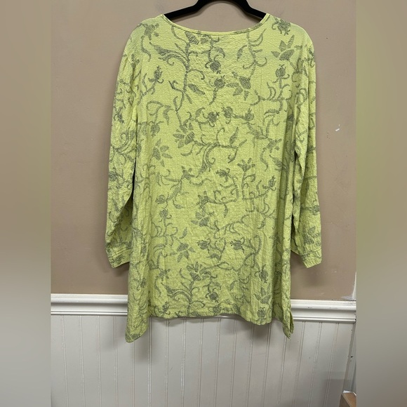 Ali Miles Tunic Top Chartreuse Black Print Button Accent Art to Wear Size L - Picture 2 of 5